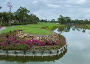 view of a golf course, water and flowers