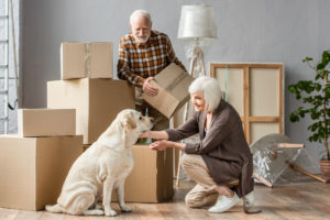 couple with dog and moving boxes